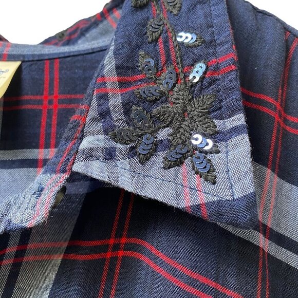 TERRA & SKY Boyfriend Shirt Size 1X Blue Plaid Rayon Button up Embroidered Colla - Picture 7 of 10